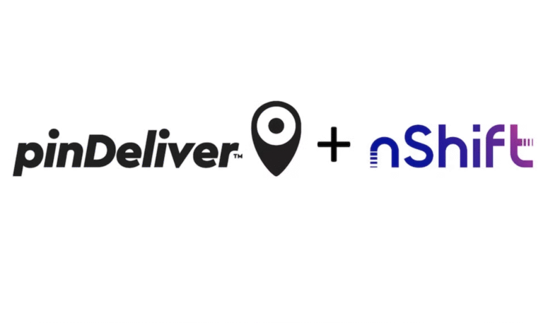 pinDelivers och nShifts logotyper sida vid sida med ett plus-tecken, symboliserar nytt samarbete kring transportplanering