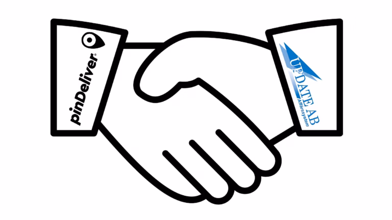 Illustration av handslag mellan pinDeliver och Update med företagslogotyper på händerna, symboliserar nytt samarbete
