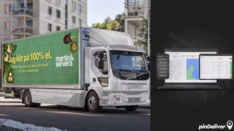 Stripad lastbil med Martin & Serveras logotyp och bild på dator som visar pinDelivers TMS-system med pinDelivers logotyp