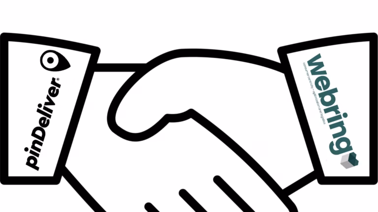 Illustration av handslag mellan pinDeliver och Webring med företagslogotyper på händerna, symboliserar nytt samarbete